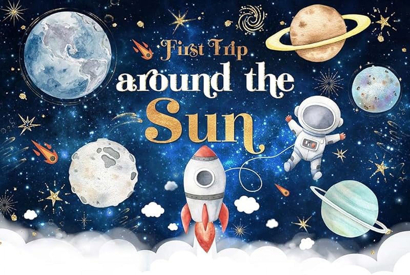 First Trip Around The Sun Birthday Backdrop for Boy Outer Space Sun 1st Birthday Party Decoration Galaxy Blast Off Moon Planets Rocket 1st Trip Around The Sun Cake Table Banner
